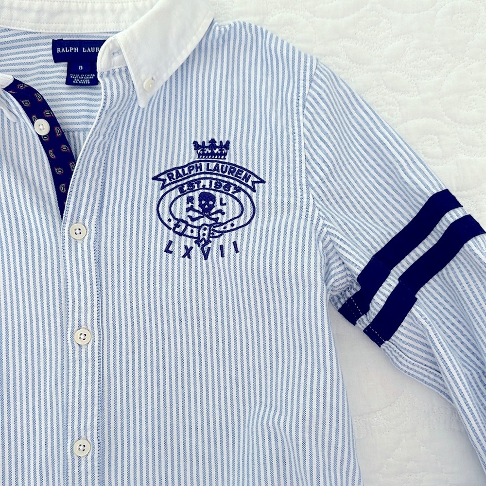 Ralph Lauren Girls Blue White Striped Cotton Oxford Shirtdress Size 8 Dress - Picture 2 of 5